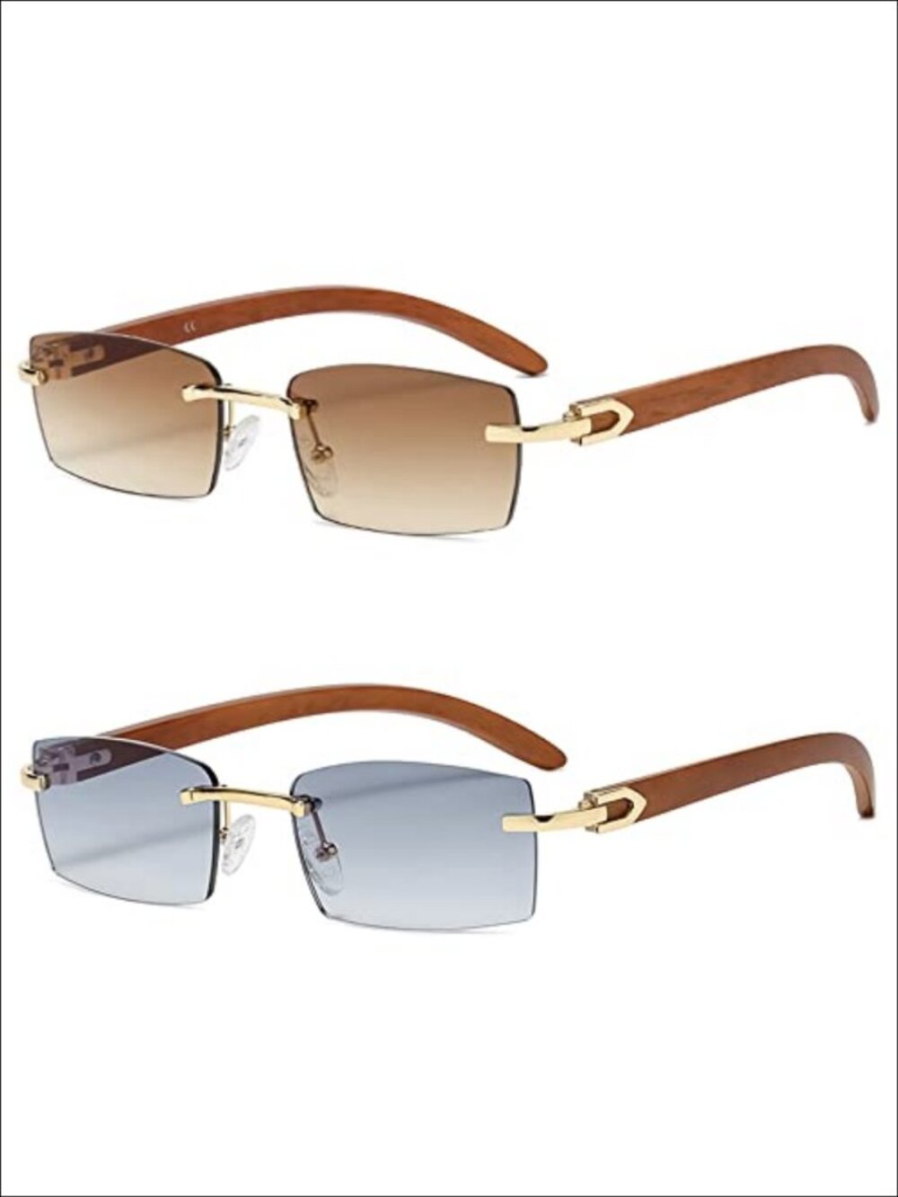 Rimless Rectangular Sunglasses UV400 Faux Buffalo Horn Temples Trendy